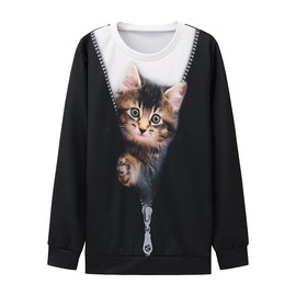 ShallWe Women's Active Sweatshirts Cute Cat Pullover Crewneck Lightweight shirts Novelty Casual Tunics Tops Fashion Spring Black