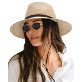 FURTALK Womens Sun Hat Summer Straw Beach Hats UPF 80+ Wide Brim Panama Fedora Hats with Wind Lanyard Beige