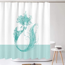 Tititex Mermaid White Shower Curtain Decor, Aqua Fish Tail Mythological Mermaid Young Girl Cartoon Series Bathroom Curtain Sets with Hooks 72x72 Inch