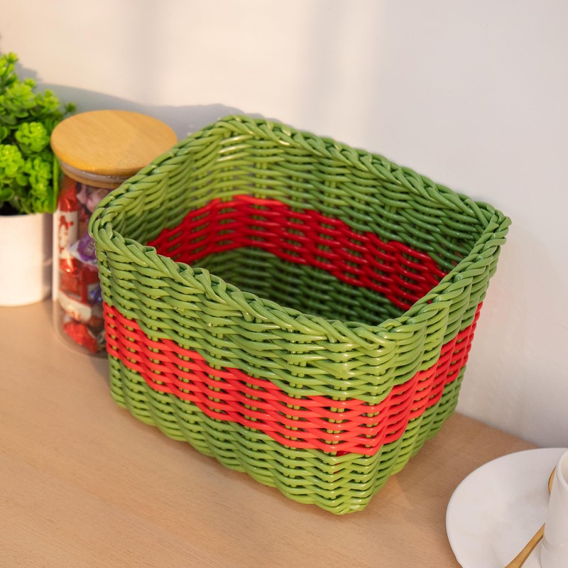 HODAKJUE Handwoven Plastic Wicker Storage Basket, Waterproof Red Green Stripe