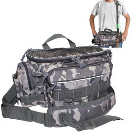 Fishing Tackle Bag Shoulder Crossbody Fish Gear Bag with Rod Holder, Multi-functional Fishing Waist Bags Water-Resistant Fishing Fanny Pack for Fly Fishing, Outdoor Sports, Camping, Travel, Hiking