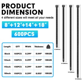 Zip Ties Assorted Sizes, RAZCC 600 Pack (8+12+14+18Inch) Black Cable Ties, Self-Locking Plastic Wire Ties with 100lb Tensile Strength, Black Nylon Zip Ties for Indoor and Outdoor
