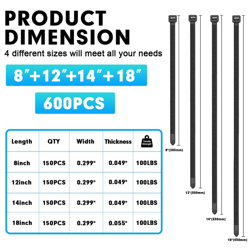 Zip Ties Assorted Sizes, RAZCC 600 Pack (8+12+14+18Inch) Black Cable