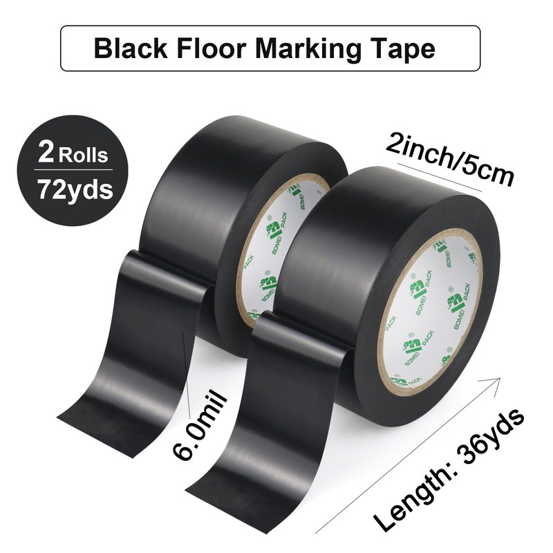 BOMEI PACK Black Floor Marking Tape, Safety Hazard Tape for
