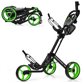 GYMAX Folding Golf Push Cart, 3 Wheel Height Adjustable Lightweight Golf Push Trolley W/Umbrella Holder & Mesh Bag, Quick Open Fold Golf Trolley Cart (Green)