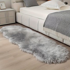 ELLECILA Faux Sheepskin Area Rug - Fluffy Fur Rugs - Sheepskin Throw Washable Non Slip Soft Shaggy Small Rugs - Grey Fluffy Fur Rug for Living Room Bedroom Kitchen Bathroom Sofa Floor Decor 60 x160cm