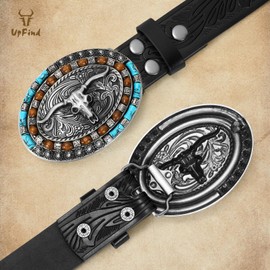 UpFind Western Leather Belt Cowboy Belt with Turquoise Buckle for Men Women Western Embossed Leather Belt for Jeans