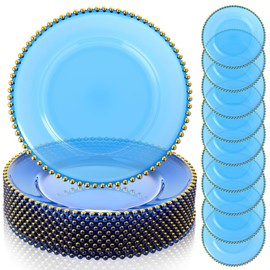 LemonRoad 12 Pack Plastic Charger Plates with Bead Rim 13'' Plastic Clear Blue Chargers Round Tabletop Decorative Plates for Wedding, Christmas, Thanksgiving Event, Home Restaurant Supplies(Gold)