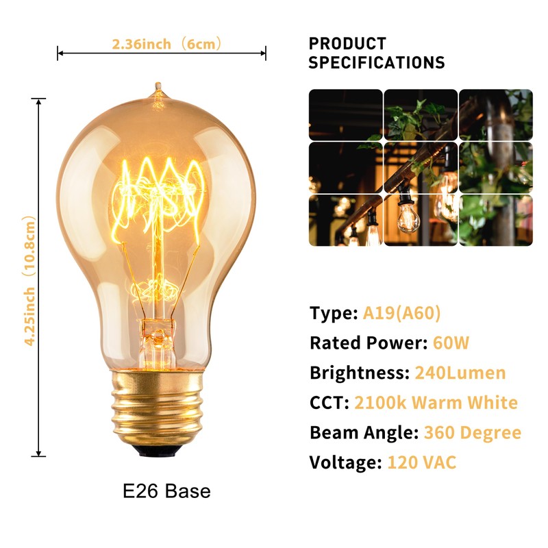 runquiz Warm Incandescent Light Bulbs 60 Watt,A19/A60 Vintage Style Edison