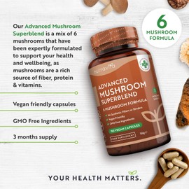 High Potency Mushroom Complex 14400mg Superblend with Lions Mane - 6 Mushroom Complex with Chaga, Cordyceps, Shiitake, Reishi, Maitake and Lions Mane - 180 Vegan Capsules - Made in The UK