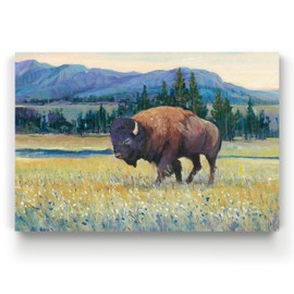 Renditions Gallery Bison and Mountain Wall Art, American Bison Landscape, Purple, Brown, Yellow, Colorful Premium Gallery Wrapped Canvas Decor, Ready to Hang, 32 in H x 48 in W, Made in America Print