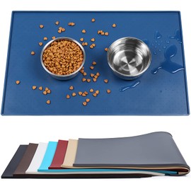 VIVAGLORY Dog Food Mat, Cat Dog Feeding Mat, Waterproof Non-Slip Food Grade Silicone Mat Placemat with Raised Edge, Anti-Messy Pet Bowl Mat for Food and Water, Navy Blue, S(19"x12")