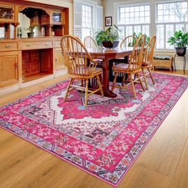 Noahas 5x7 Hot Pink Area Rugs for Living Room, Vintage Machine Washable Rug,Low Pile Print Large Rug with Rubber Backing Non-Slip Carpets for Bedroom Girls,Kitchen,Dining Room,Home Office,Home Decor