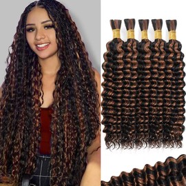 Ombre Brown Human Braiding Hair for Boho Braids 160g 5 Bundles/Pack 20 Inch Curly Boho Hair for Braiding Knotless 12A Deep Wave Bulk Bohemian Color P1B/30