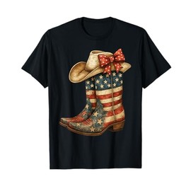 Retro Western Cowboy Boots Cowgirl American Flag 4th Of July T-Shirt