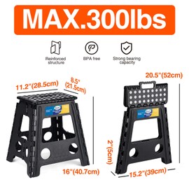 Korpai 16" Folding Step Stool for Adults and Kids Holds Up to 300 lbs,Non-Slip Folding Stools with Portable Handle, Compact Plastic Foldable Step Stool for Bathroom,Bedroom, Kitchen, Black,1PC