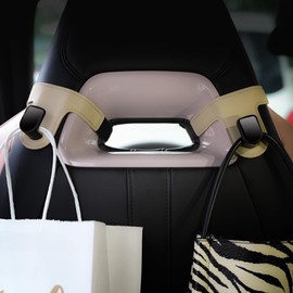 Qirc 2 Pieces Leather Car Double Hooks for Sports Seat, Car Seat Backrest Organizer Hooks, Car Headrest Hooks, Car Seat Purse Hooks for Bags, Purses, Handbags (Beige2)