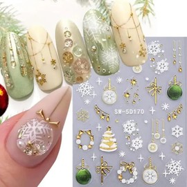 5D Christmas Nail Stickers for Nail Art, 2PCS Embossed Christmas Nail Decals Christmas Tree Snowflake Wreath Light Ball Star Xmas Nail Art Stickers Winter Nail Supplies for Women Nail Nail Decorations