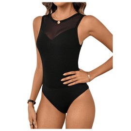 GORGLITTER Tank Body Bodysuit Women's Elegant Tops Sleeveless T-Shirt Body with Mesh Summer Tank Top Mesh Bodysuits, black