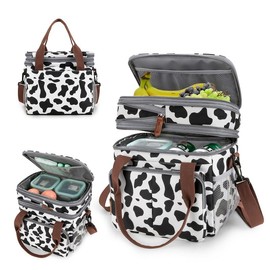 Lunch Bag for Women Men Double Deck Expandable Lunch Box,Large Lunch Bags,Leakproof Lunch Box Cooler Bag - Color: cow print