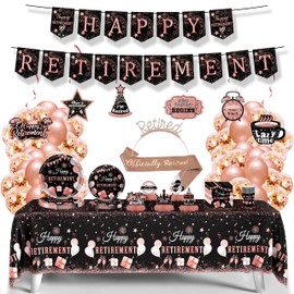 SECONDER 114 Pcs Retirement Party Decorations for Women Men Rose Gold Banner Balloons Sash Tiara Hanging Swirls Honeycomb Centerpiece Tablecloth Paper Plates Napkins Cups Party Supplies (ROSE GOLD)