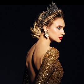 CAVETEE Black Baroque Queen Crown for Women Birthday Tiara Vintage Rhinestones Black Crown Wedding Bridal Crown Birthday Party Headbands Princess Party Prom Black Tiaras and Crowns for Women Girls