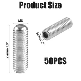 Pack of 50 Grub Screws with Taper Tip, Stainless Steel Grub Screws, M8 x 25 mm, Rustproof and Waterproof Grub Screws with Hexagon Socket and Taper Tip for Mechanical Engineering, Vehicle Technology