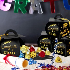 30 Pcs 2025 Graduation Candy Boxes Graduation Cap Gift Box with Tassel, Class of 2025 Graduation Party Favors Boxes for Congrats Grad (Black and Gold)