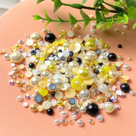 50g Mix Flatback Resin Rhinestones Half Round Pearls Mixed Size 3mm-10mm AB Color Half Pearls Resin Rhinestones for DIY Craft Nail Art Shoes Clothes Tumblers Scrapbooking (Yellow Series)
