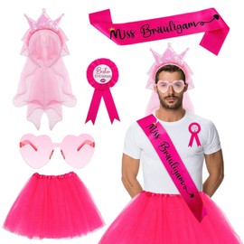 JGA Men's Costume Set, Stag Party Men's Outfit with Miss Groom Sash, Sequin Crown Veil Hairband, Pink Heart Sunglasses & Tutu Men, Funny Costumes for Bridal Night