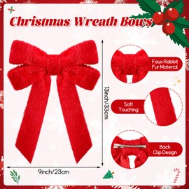 Soulchen 12 Pcs Large Red Christmas Bow Bulk, 9x13 inch Faux Fur Plush Christmas Tree Bows Xmas Bowknot Decorations for Xmas Tree Wreath Wall Banister Wedding Holiday Party Favor Decor