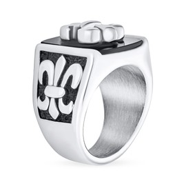 Bling Jewelry Personalize Men's Simulated Black Onyx Fleur De Lis Square Signet Ring for Men Silver Tone Stainless Steel