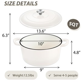 5 Quart Dutch Oven Pot with Lid, Joyfair Enameled Cast Iron Dutch Oven for Sourdough Bread Baking, Oven Safe Round Cookware with Handle for Slow Cooking Baking Stewing Roasting Broiling (Cream White)