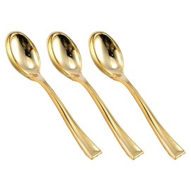 Gold Shiny Metallic Plastic Mini Disposable Tasting Spoons (24 Count) - Premium Quality & Elegant Design, Perfect for Desserts, Appetizers, and Catering Events