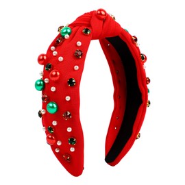 Christmas Headband, Pearl Knotted Hair Band with Rhinestone, Wide Top Knot Fashion Headband for Women Girls Christmas Hair Accessories (Red, One size)