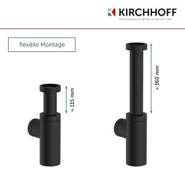 KIRCHHOFF Design Siphon, Matt Black Drain, Drain Fitting for Sink and Washbasin, Odour Trap with Cleaning Hole, Bottle Trap, Drain Pipe, 98166220, Small