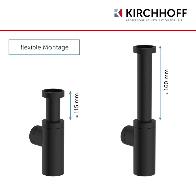 KIRCHHOFF Design Siphon, Matt Black Drain, Drain Fitting for Sink