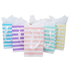 Chloe Elizabeth Paper Favor Gift Bags for All Events & Parties w/Satin Ribbon Handles + Decorative Tissue Paper, 12 Count (Rainbow Pastel Mix)