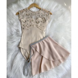 Adult Ballet Dancewear Embroidered Jumpsuit Gymnastics Practice Suit Yoga Wear Beige Embroidered (Skirt Not Included) + XL 2ea