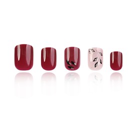 Wine Red Press on Nails Short Square Fake Nails Retro Full Cover Black Leaves False Nails with Designs Glitter Glossy Glue on Nails Acrylic Nails Manicure Artificial Nails for Women Girls 24Pcs
