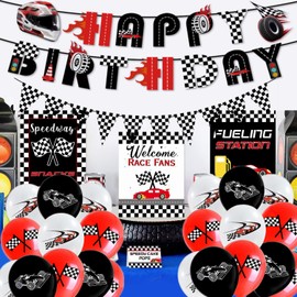 Race Car Party Banners Car Theme Black and White Checkered Flags Banner Happy Birthday Paper String Banners for Birthday Racing Party Decorations Race Car Baby Showe Party Supplies