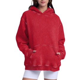 FAIABLE Womens Oversized Hoodie Couples Heavyweight Hoodies Vintage Acid Wash Hoodie Cotton Fleece Hoodies for Women College Streetwear Red