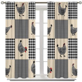 Cortinas clásico de decoración de gallo para cocina, granja vieja en blanco y negro a cuadros de dibujos animados abstractos de animales de pollo para niños y niñas, recámara de sala de estar, 42 x 45