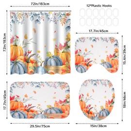 Prewplam Fall Bathroom Shower Curtain Sets - 4Pcs Fall Pumpkin Bathroom Set with Shower Curtain Non-Slip Rugs Toilet Lid Cover Bath Mat, Autumn Thanksgiving Bath Decor