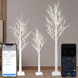 Smart Birch Tree with LED Lights APP Control 18 Mode LED Artificial Tree Dimmable Schedule Music Sync White Lighted Birch Tree for Home Xmas Wedding Party Christmas Decor, Pack of 4 Ft 5 Ft and 6 Ft