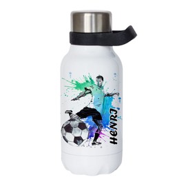 GRAZDesign Fussballer Thermosflasche mit Henkel - Trinkflasche personalisiert mit Namen, auslaufsicher, bruchsicher Wasserflasche BPA-frei, Edelstahl, Kohlensäure geeignet 550ml