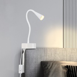 White Headboard Reading Light, No Drilling Wall Mounted Reading Lights for Bedside, Book Light for Bedtime Reading, Buttonless Dimmable Reading Lamp, Movable Gooseneck Reading Sconces for Bedroom