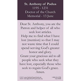 St. Anthony, patron saint of lost articles, LAMINATED prayer card,5-pack, with a free bonus card of Divine Mercy and one of the Footprints story