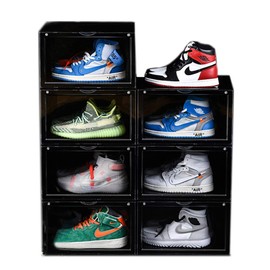 AOTENG STAR Storage Shoes Box Womens Mens Shoe Storage Display Box Plastic Foldable Stackable Shoe Container Black Closet Shelf Shoe Organizer-Six Pack(Black)