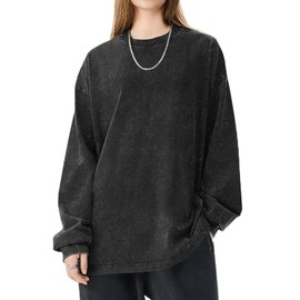 FULFIDREAM Oversized Tshirts for Women Vintage Washed Cotton Unisex Long Sleeve Crew Neck Tshirts Casual Loose Solid Basic Tee Shirts Black